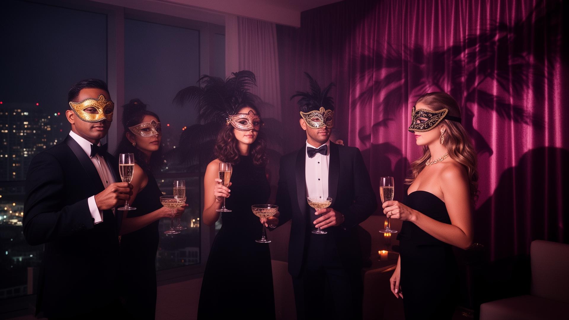 Masquerade gathering at a Miami penthouse